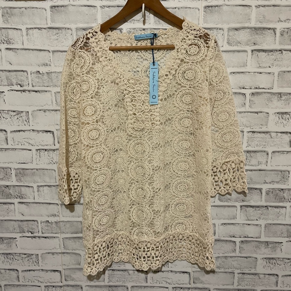 NWT!! Solitaire Swim cream colored crochet cover-long sleeves Large